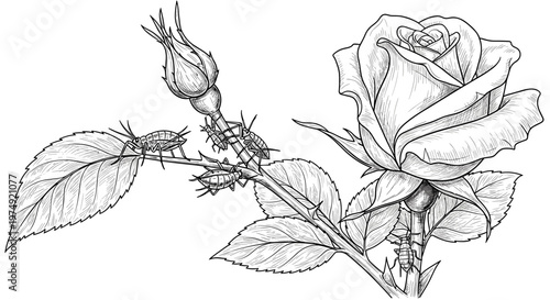 rose illustration with aphids on thorny stem, detailed line art, botanical sketch