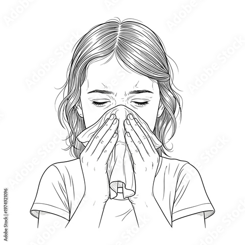 Young woman sneezing into tissue, line art illustration, medical symptom