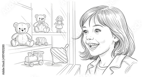 Girl smiling at toy shelf, happy child in store, black and white line art