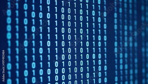 Blue binary code flowing downwards on dark screen, representing data stream