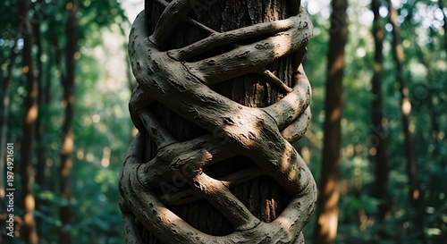 Thick twisted vines wrapping around a tree trunk in a lush forest
