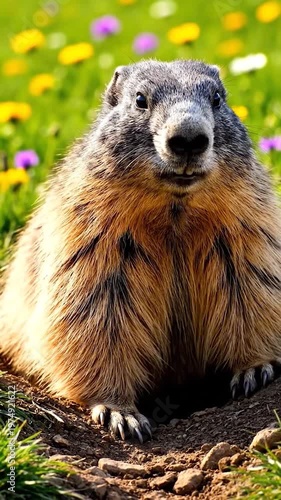 A furry ground dwelling rodent emerges from its burrow in a vibrant meadow filled with colorful spring flowers
