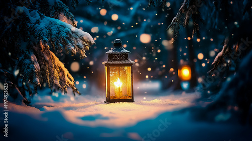 A glowing lantern casting warm light in the middle of a snowy winter forest, surrounded by tall trees covered in snow.