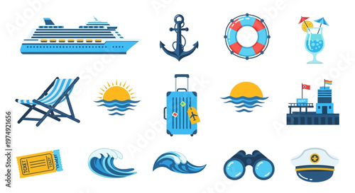Cruise Ship Vacation Travel Icons Set.