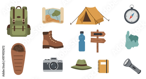 Camping gear and outdoor equipment collection.