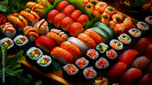 Beautifully arranged platter of sushi and rolls, featuring a variety of fresh fish, rice, and seaweed.