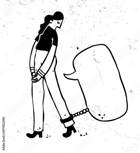Communication and emotional burden naive bold vector isolated cute illustration of a woman chained to a heavy speech bubble for sticker print and branding