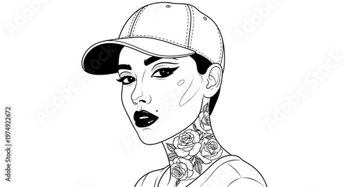 Elegant black and white vector illustration of a beautiful woman's face featuring stylish hair and glamourous eyes in a minimalist sketch art style