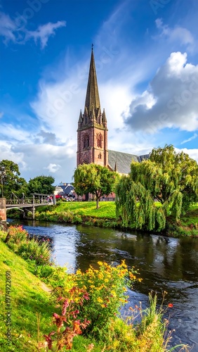 A tall, stone church with a pointed spire overlooks a calm river, a small bridge, and lush greenery under a partly cloudy sky