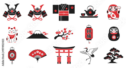 Collection of traditional Japanese cultural symbols and icons.