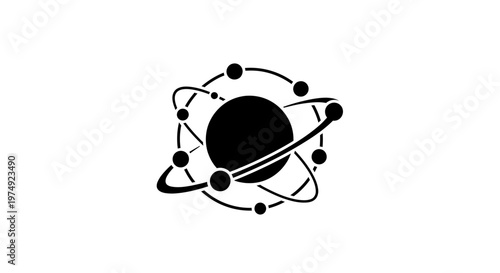 Black silhouette of a planet and its orbiting moons in space.