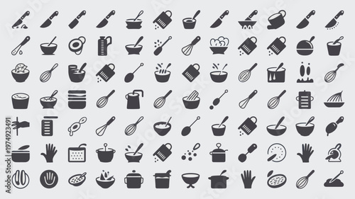 Set of 100 Black and White Kitchen Cooking Utensil Icons Vector