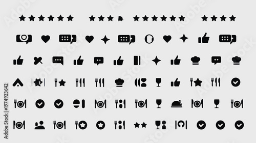 Set of 50 Black Social Media and Restaurant Rating Icons Vector
