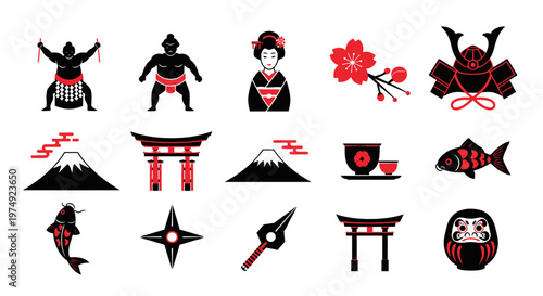 Collection of Japanese culture symbols and icons.
