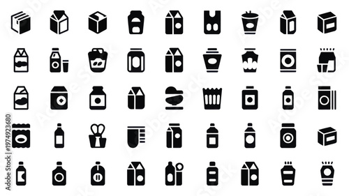 Set of 48 Black Food and Beverage Packaging Icons Vector