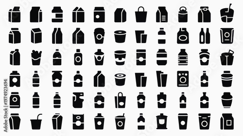 Set of 60 Black Beverage and Food Packaging Container Icons Vector