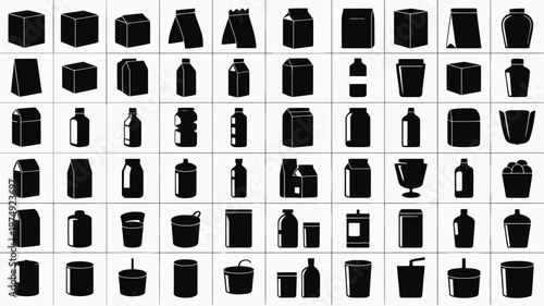 Set of 64 Black Food Packaging Product Icons Vector