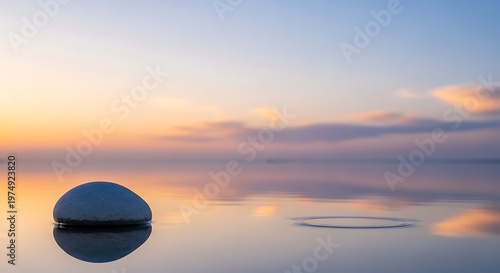 Single smooth pebble resting on calm water surface at sunset with ripples
