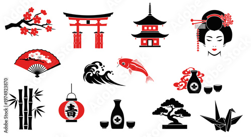 Collection of traditional Japanese design elements and symbols.