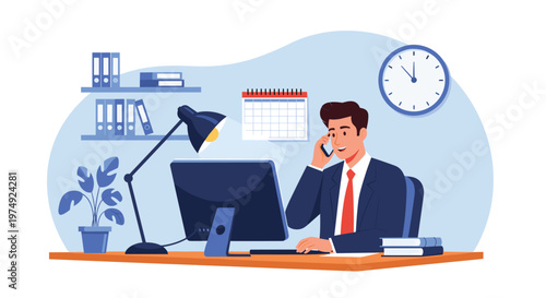 Professional businessman wearing a formal suit sits at his office desk and talks on a mobile phone during a busy workday.