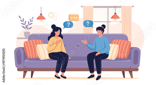 Two female friends sit on a comfortable purple sofa and engage in a deep conversation with question mark speech bubbles above.