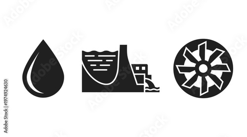 Water energy icons drop, power plant, turbine