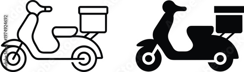 Delivery scooter icons illustration with rear cargo box in outline and filled styles representing courier service, shipping, and transportation design artwork