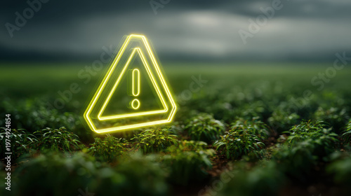 Cyber alert icon over farming sensor malfunction glowing warning symbol over crop field under storm sky