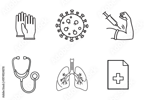Medical and healthcare icon set. Simple line art clinical symbols and virus prevention elements. Professional vector design collection.