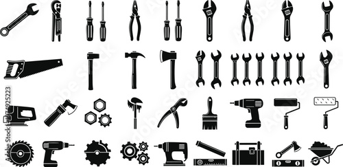 Professional construction and carpentry hand tools icons set including wrenches, screwdrivers, hammers, saws, power drills, and painting equipment for home repair and industrial maintenance 