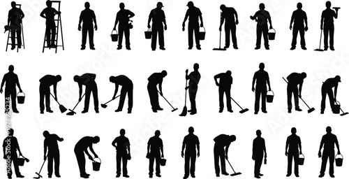 Professional cleaning service workers silhouettes set featuring janitors with mops, buckets, and ladders for sanitary maintenance work industry isolated on white background vector illustration.