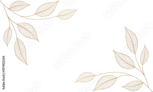Minimalist line art green leaf branch illustration on white background for design