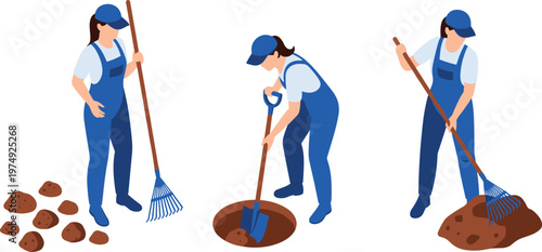 Professional female gardener characters in blue overalls using rake and shovel for soil preparation, digging holes, and garden maintenance work isometric vector illustration.v