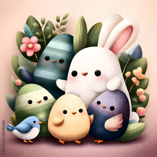 Cute Easter Bunny Chicks and Eggs Illustration