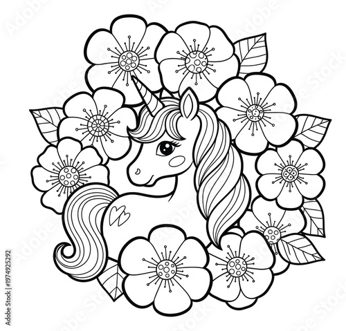 Beautiful magical unicorn surrounded by blooming flowers coloring page illustration