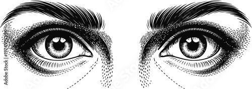 Vintage male human eyes gaze looking at viewer engraving style vector illustration.