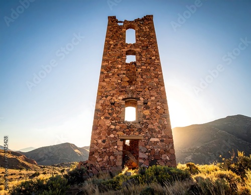 A tall, stone structure stands against a clear, sunny sky, with several openings. The sun shines brightly