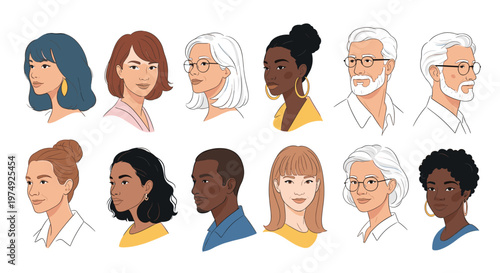 Diverse set of human portraits showing people of different ethnicities, ages, and styles in a modern hand-drawn illustration.