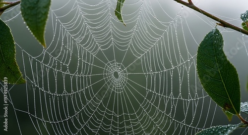 Spider web with morning dew drops glistening on green leaves in nature