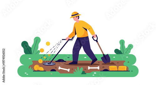Enthusiastic treasure hunter uses a metal detector in a field to find buried gold coins and ancient bones in the ground.
