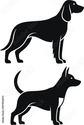 Black dog silhouettes set, minimalist canine vector illustration, different breeds standing pose, pet logo design elements, animal icon collection for branding projects
