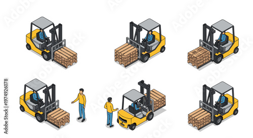 Collection of isometric forklifts in various positions with operators and wooden pallets for warehouse and logistics themes.