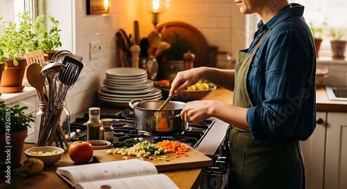 Woman cooking healthy dinner in a cozy rustic kitchen at home