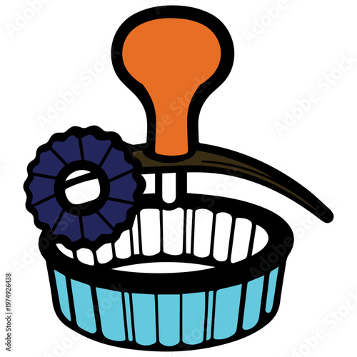 Orange and blue manual citrus squeezer icon with lemon slice. Kitchen tool vector icon for cooking, juicer and household design projects.