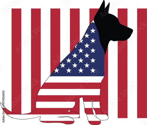 Patriotic dog silhouette with USA flag design, American canine vector illustration, pet symbol with stars and stripes, national pride animal graphic for branding
