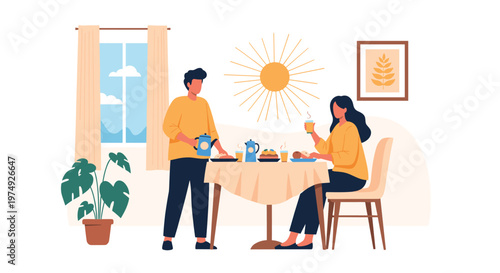 Happy couple enjoys a healthy breakfast together in a sunlit dining room with views of mountains through the window.