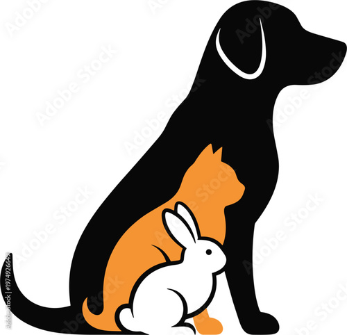 Pet silhouette concept illustration, dog cat rabbit together icon, veterinary care symbol, animal friendship graphic, minimalist vector design, domestic pets harmony clipart