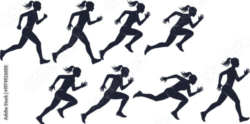 Running woman silhouettes set, female athlete sprint poses, fitness training vector illustration, dynamic motion characters, sport activity icons for health and workout design