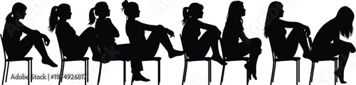Women sitting silhouettes set, female figures on chairs in stylish poses, fashion and lifestyle vector illustration, elegant black characters for design and branding