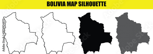 Bolivia map silhouette set featuring solid and dotted styles for travel and geography educational graphics projects.